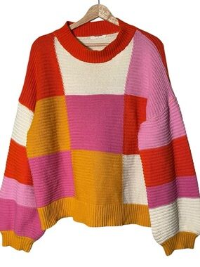 Peppermayo Colorblock Crewneck Sweater in Pink, Orange & Cream